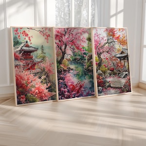 日本のウォールアートセット、桜のアートプリント、桜の木のウォールアート、日本の水彩画のウォールアート、ピンクの花の木のウォールアートプリント