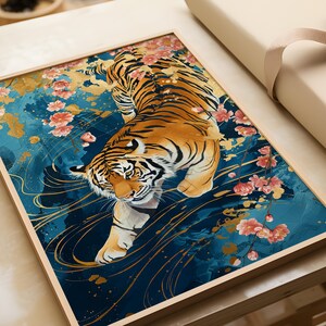 Japanese Tiger Art Print: Blue Gold Cherry Blossom Poster