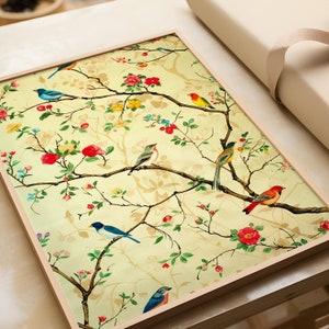 Impresión de pájaro chinoiserie, arte de pájaro amarillo, arte de pared chinoiserie, cartel de chinoiserie, arte amante de las aves, decoración de chinoiserie, cartel de pájaro floral