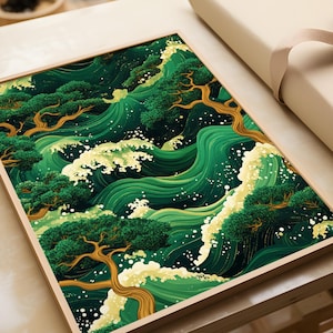 Hokusai inspiriert, Ukiyo-e, japanische Wellenkunst, japanische Waldkunst, grüne Wellenkunst, grüne Kunst, japanische Wandkunst, Geschenk