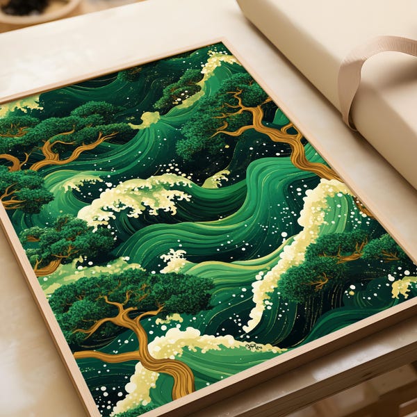 Japanische Welle Kunstdruck: Grüner Wald, Ukiyo-e Inspiriert