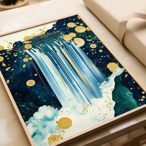 Hokusai Inspired Waterfall Art Print: Golden Ukiyo-e Japanese Wall Decor