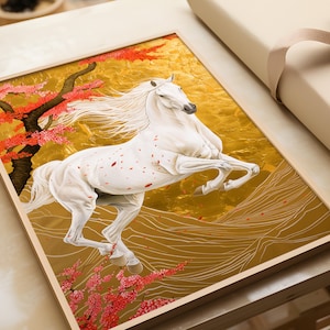 Japan Horse Art, Japanese Horse Print, Japanese Horse Art, Horse Gallery Art, Gold Horse Art, Horse Poster, Japanese Style Wall Art