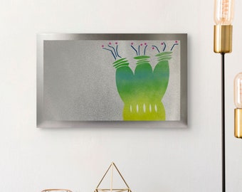 Original abstract minimalist spray painting on aluminium greens and yellow - Joy - Studies For a LifeBook