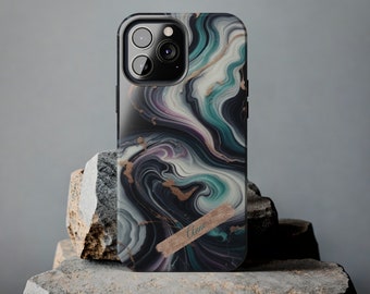 Mármol personalizado Tough Phone Cases iPhone caso mármol teléfono caso púrpura negro y verde azulado teléfono caso ligero regalo personalizado para