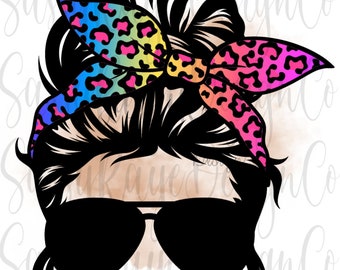 May include: A black and white illustration of a woman with a messy bun, wearing sunglasses and a colorful leopard print bandana. The text "Mom of A SASSHOLE" is written below the illustration.