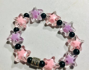 Bracelet de perles rose/violet/noir / perles recyclées / Kuromii