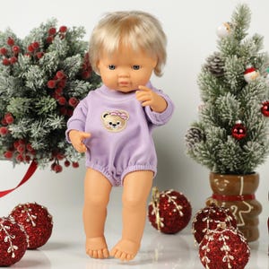 Soft Lilac-Purple Minikane Doll Bodysuit | Customizable Stretch Knit Outfit with Iron-On Patch | Handmade Dollwear