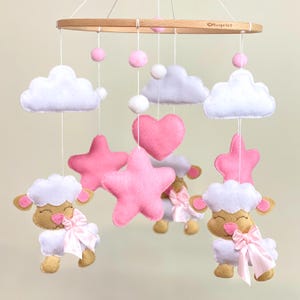 Baby Mobile Pink Sheep, crib mobile with felt stars, clouds and animals, baby girl room decor, hanging handmade eco friendly crib toy