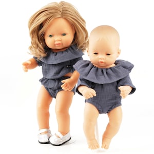 Minikane doll clothes. Navy blue muslin romper for 13-15 inch dolls. Paola Reina doll clothes. Miniland clothes. 13-15 inch doll clothes
