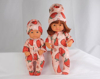 Strawberry Minikane doll clothes. Cotton jumpsuit and hat. Paola Reina doll clothes. Miniland outfit for 13-15 inch doll