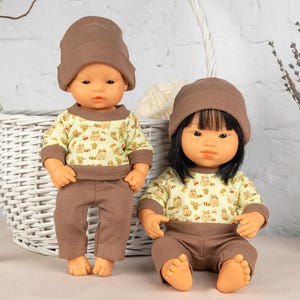 Racoons Minikane doll clothes. Cotton hat, pullower and pants. Paola Reina doll clothes. Miniland outfit for 13-15 inch doll, set18_brown