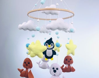 Baby mobile North felt, handmade hanging animals, felt penguin and stars mobile, crib toy