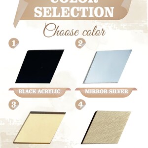 a color selection process for different materials, including black acrylic, mirror silver, mirror gold, and natural wood.
