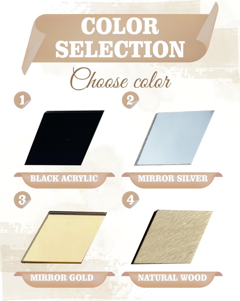 a color selection process for different materials, including black acrylic, mirror silver, mirror gold, and natural wood.