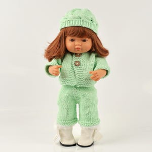 Knitted Miniland Doll Clothes: Mint Jacket, Hat, Pants - Fits 13-15 inch Dolls
