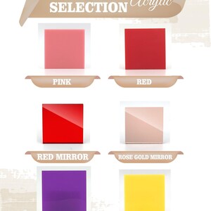 a color selection chart with six different colored acrylic squares, each labeled with a color name.