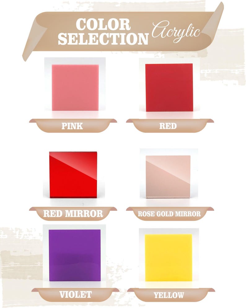 a color selection chart with six different colored acrylic squares, each labeled with a color name.