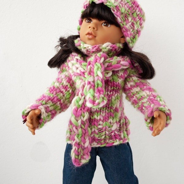 3 piece doll outfit, 18" doll set of clothes, Set of knitted sweater, hat and scarf, winter cloth for doll, gift for the girl