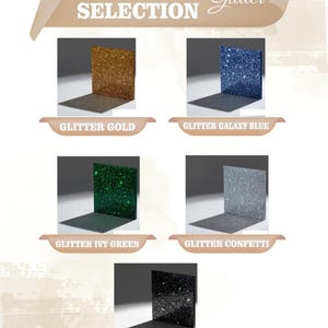 a color selection of glitter shades, including glitter gold, glitter galaxy blue, glitter ivy green, glitter confetti, and glitter black.