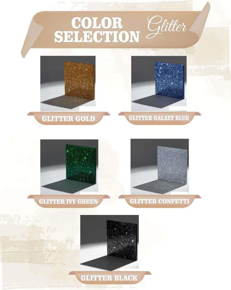 a color selection of glitter shades, including glitter gold, glitter galaxy blue, glitter ivy green, glitter confetti, and glitter black.