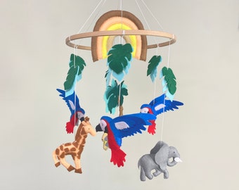 Mobile animaux de la jungle - Mobile pour bébé perroquets, girafe, éléphant et lion en feutre - Décoration de berceau colorée et neutre à suspendre - Cadeau bébé garçon fille