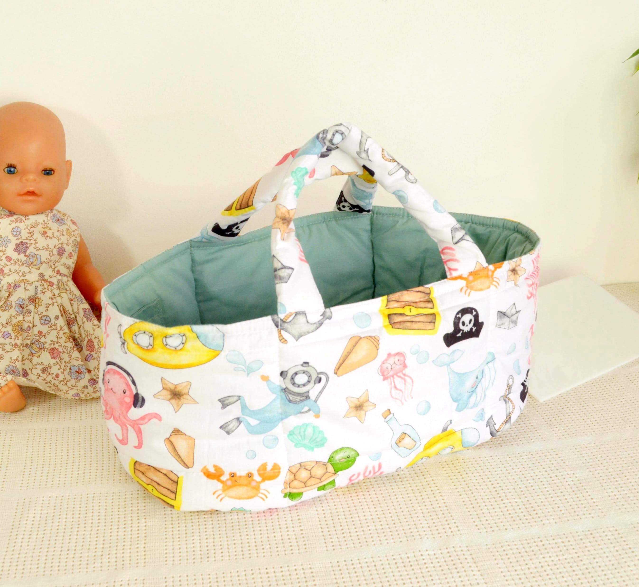 Underwater Adventure Doll Carrier, Pirate Treasure Hunt Bed for 13-15" Dolls, Reversible Cotton Bag with Pocket, Playtime Travel Cradle
