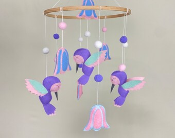 Hummingbird and Flowers Baby Mobile, purple pink colibri felt baby mobile, birds flying crib decoration for little girl room, gift for baby