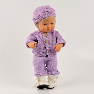 Handmade Knitted Doll Outfit: Lilac Jacket, Hat, Pants - Fits 13-15 inch Miniland Dolls