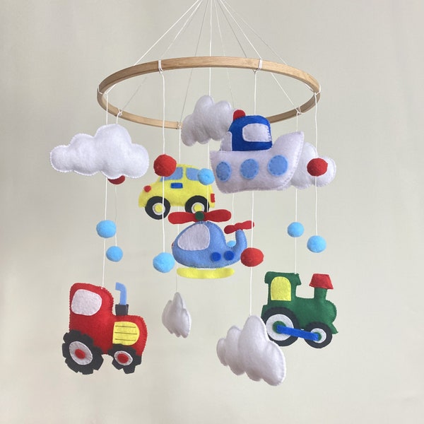 Tractors and Cars Baby Mobile, transport cot mobile, nursery crib felt mobile, baby boy room handmade decor, expecting mom gift