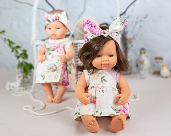 Miniland doll clothes. Roses Cotton dress and headband for 13-15 inches dolls. Minikane doll clothes. 34-38 cm doll clothes.