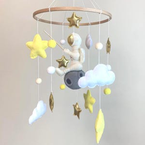 Baby Mobile Space - Spaceman, Stars and Clouds Felt Crib Mobile - Hanging Handmade Nursery Decoration - Eco-Friendly Baby Shower Gift