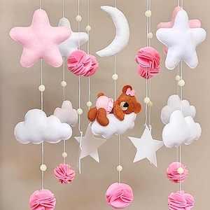 Baby Mobile Pink Teddy Bear, felt stars and bear crib mobile, newborn felt toys, kid&#39;s hanging decor, cute crib toy