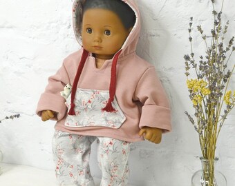 Dusty Pink Doll Hoodie Set: Floral Pants, Fits 15-18 Inch Dolls