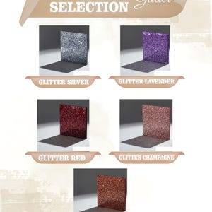 The image is a color selection for glitter, featuring six different glitter shades: silver, lavender, red, champagne, copper, and copper.