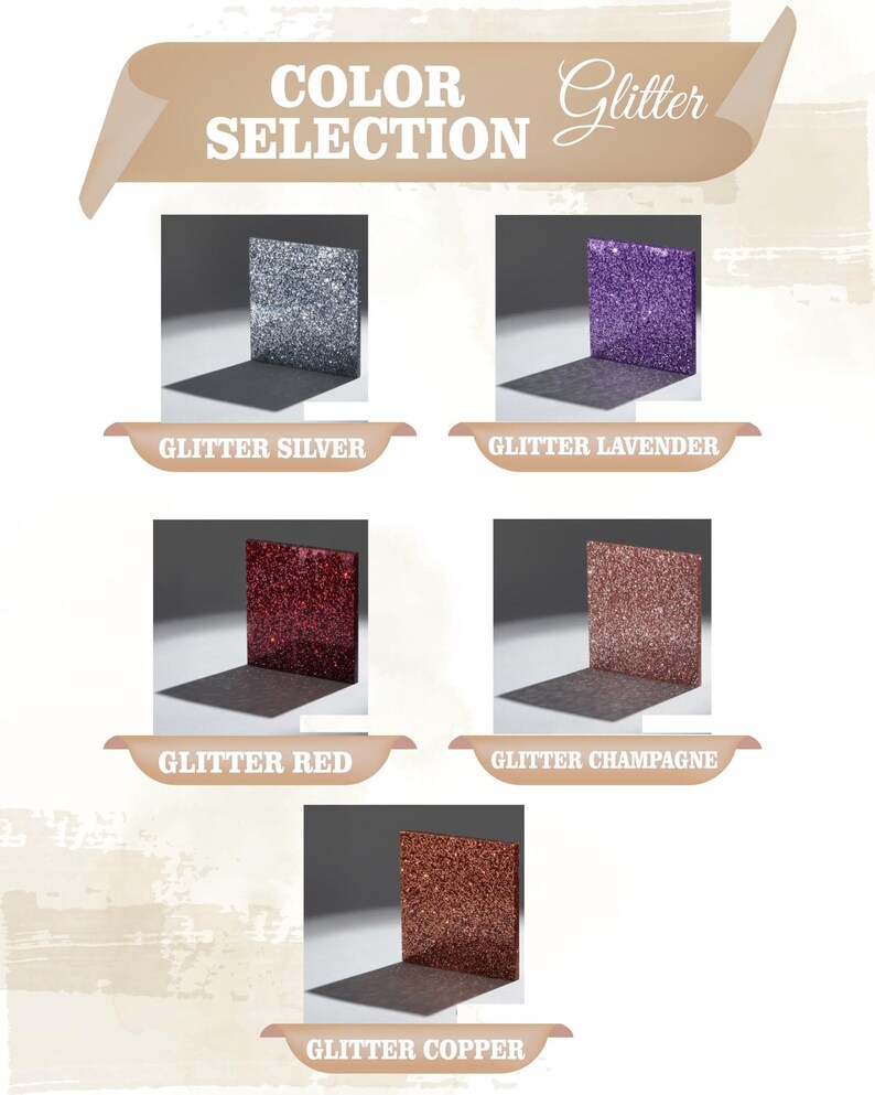 The image is a color selection for glitter, featuring six different glitter shades: silver, lavender, red, champagne, copper, and copper.