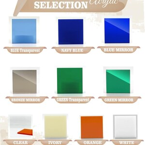 a color selection of acrylic materials, including various shades of blue, green, orange, and white.