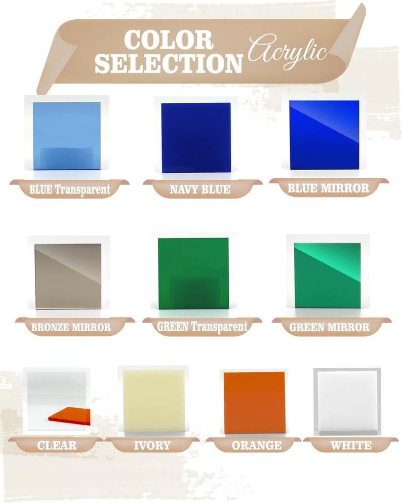 a color selection of acrylic materials, including various shades of blue, green, orange, and white.