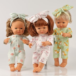 Minikane doll clothes. Cute pet print cotton jumpsuit and headband. Paola Reina doll clothes. Miniland outfit for 13-15 inch doll