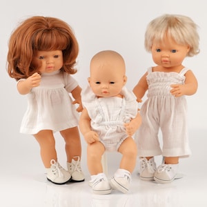 Minikane doll clothes. White muslin set, fits for Paola Reina Miniland 13-15 inch 34-38 cm. Baby doll summer outfit