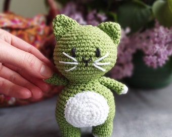 Green Crochet Cat Plushie, Stuffed Cat Plush Toy, Gift for Kids