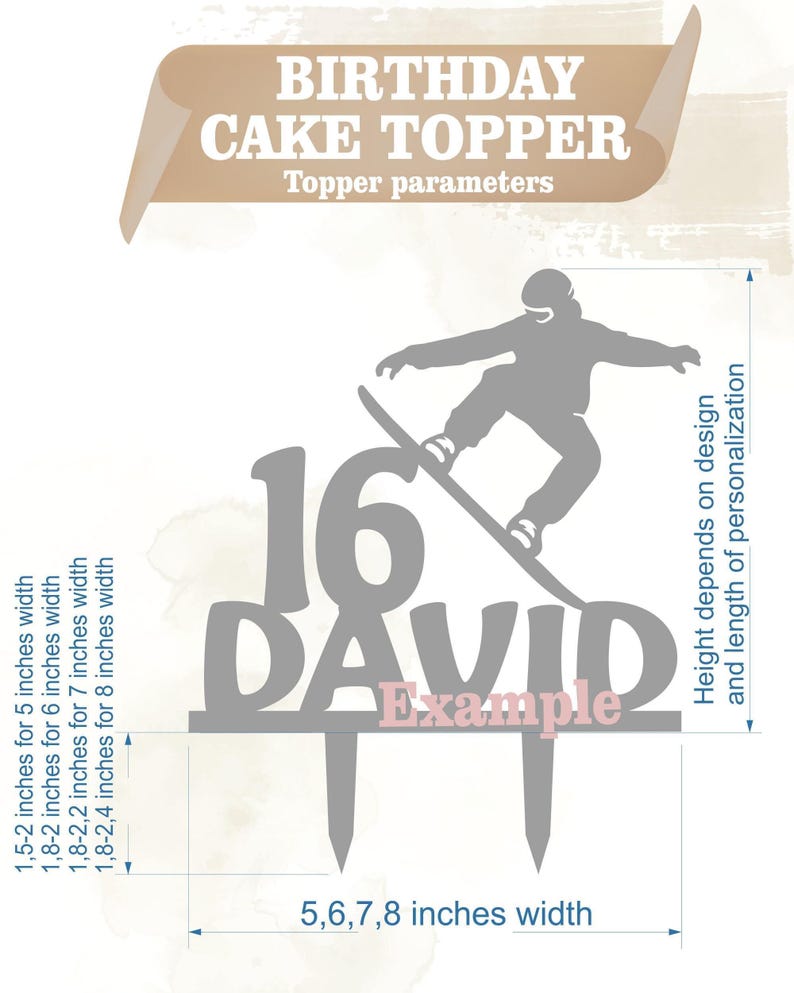 The image is a birthday cake topper featuring a silhouette of a skateboarder performing a trick. The topper is designed for a 16-year-old named David. The topper dimensions are 5.6.7 inches wide.