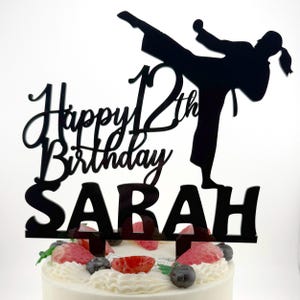 Name and Age Karate Birthday Cake Topper, Female Martial Arts, Girls Karate Cake Decorations, Taekwondo Birthday Topper, Kicking cake topper