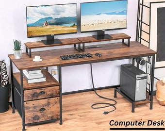 Handcrafted Solid Wood Computer Desk, Rustic Brown Industrial Reclaimed Writing Desk, Corner Computer Stand with Drawers and Shelves