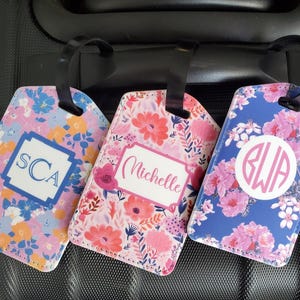 Personalized Floral Vegan Leather Luggage Tag: Monogrammed Bag Tag, Gift for Bridesmaid