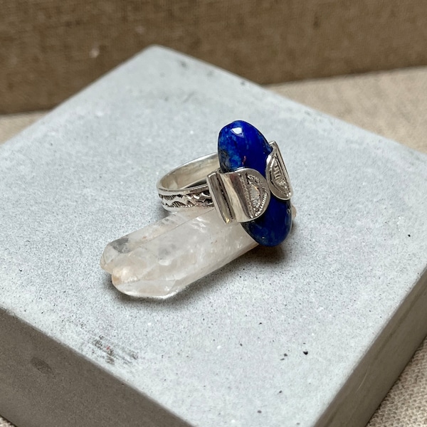 Bague Argent massif Touareg Chevalière pierre en Lapis Lazuli style Bohème Rock Ethnique original