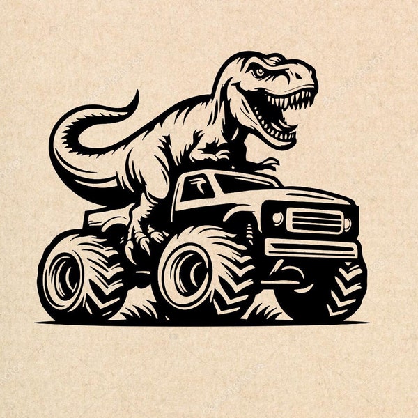 Monster Truck and T Rex Svg, T Rex Riding Monster Truck Png, Tyrannosaurus Rex and Monster Truck Clipart Silhouette Vector Image, Cut file.