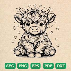 Baby Highland Kuh / svg png dxf eps pdf, Süßer Highland Kuh Kopf Vektor-Bilder, Tier Clipart SVG-Bild für Logo, langhaarige Kuh, kawaii.