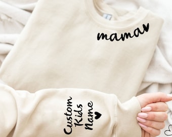 Mama Sweatshirt with Kid Names on Sleeve, Personalized Mom Shirts, Custom New Mama Shirt, Mom Birthday Gift Shirt, Custom Kids Names Shirt