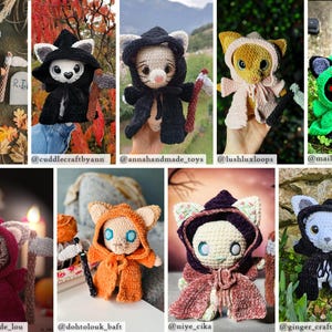 May include: A collection of ten crocheted cat plushies dressed in various Halloween costumes. The plushies are wearing costumes such as a witch, a ghost, a vampire, and a skeleton. The plushies are all made with different colours of yarn and have different facial expressions.